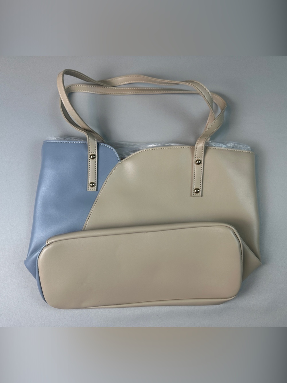 Women’s Two-Tone Purse Tote Bag Cream Ivory Light Blue Over the Shoulder Strap